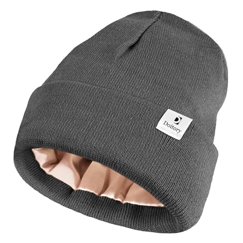 Satin Lined Winter Beanie Hat, Unisex Soft Knit Warm Skull Cap - color: Darkgrey