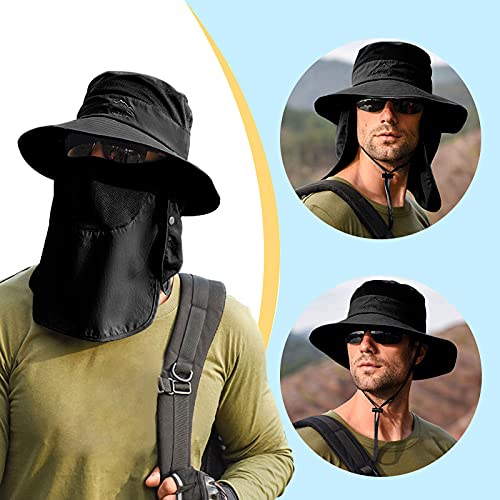 Fishing Hat for Men & Women, Sun Protection Hat with Face Cover & Neck Flap - color: Black
