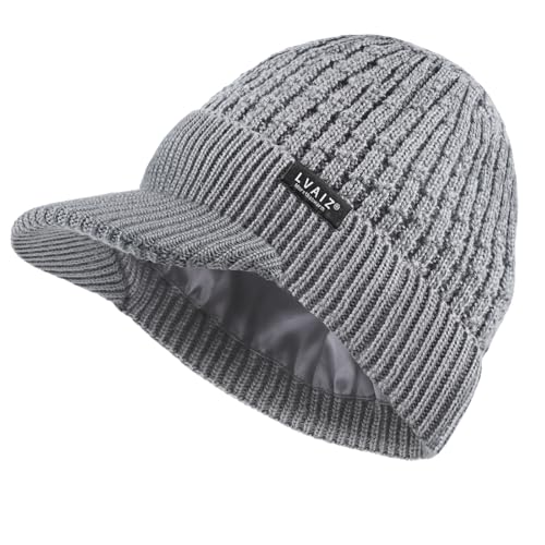 Womens Satin Lined Winter Beanie Hat with Brim Visor Warm Knit Baseball Cap - color: Light Grey
