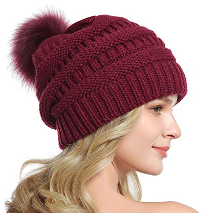 Women Knit Slouchy Beanie Chunky Baggy Hat with Faux Fur Pompom Winter Soft Warm Ski Cap - color: A3-burgundy