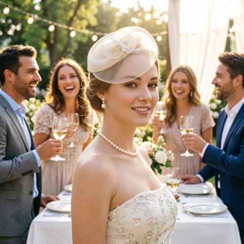 DRESHOW Fascinator Hats for Women Cocktail Tea Party Hat Netted Pillbox Hat Vintage Derby Hats for Bridal Wedding - color: Pillbox Hat: Off-white
