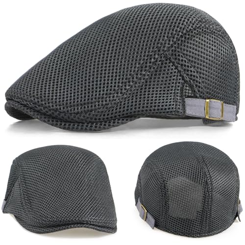 2 Pack Men's Mesh Cap Breathable Summer Newsboy Hat Adjustable Beret Ivy Cap Irish Cabbie Driving Hunting Hats - color: Black/Dark Grey