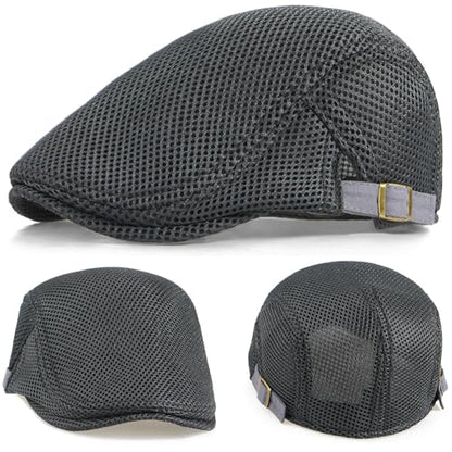 2 Pack Men's Mesh Cap Breathable Summer Newsboy Hat Adjustable Beret Ivy Cap Irish Cabbie Driving Hunting Hats - color: Black/Dark Grey