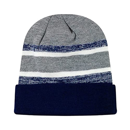 Winter Knit Beanie Hat with Pom Pom – Warm Cuffed Slouch Ski Cap for Men & Women - color: 2.navy and Gray