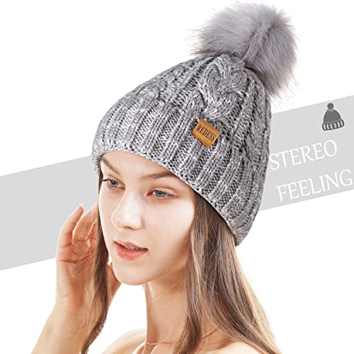 REDESS Women Winter Pompom Beanie Hat with Warm Fleece Lined Thick Slouchy Snow Knit Hat Skull Ski Cap - color: Light Gray