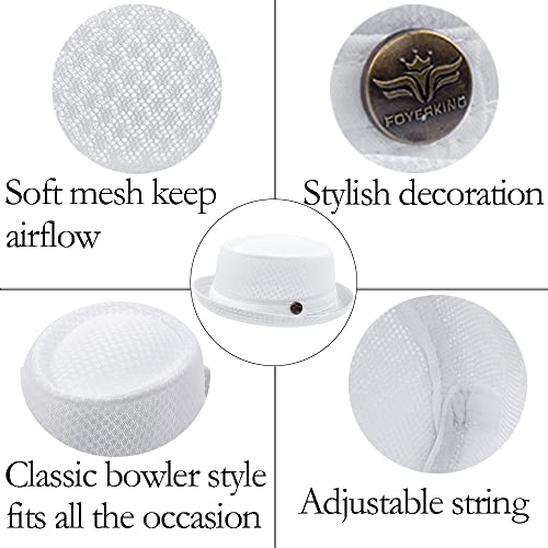 Summer Mesh Pork Pie Hat,Men Women Straw Fedora Cap,Lightweight Bowler Cap - color: White+navy Blue