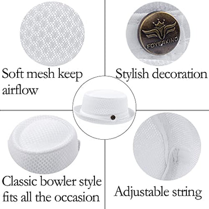 Summer Mesh Pork Pie Hat,Men Women Straw Fedora Cap,Lightweight Bowler Cap - color: White+navy Blue