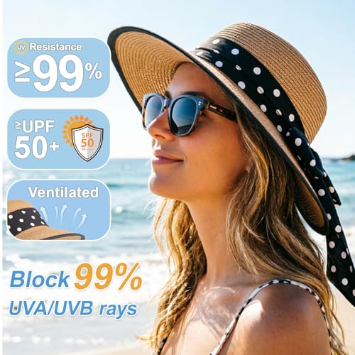 DRESHOW Sun Hats for Women Travel Fedora Foldable Beach Sun Hat Summer Wide Brim Straw Bucket Hat with Bowknot UPF 50+ - color: 1 Pack Bowknot Straw Hat: Khaki (Black Polka Dot Band)
