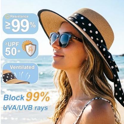 DRESHOW Sun Hats for Women Travel Fedora Foldable Beach Sun Hat Summer Wide Brim Straw Bucket Hat with Bowknot UPF 50+ - color: 1 Pack Bowknot Straw Hat: Khaki (Black Polka Dot Band)
