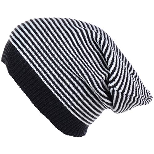 an Unisex Striped Knit Slouchy Beanie Hat Lightweight Soft Fashion Cap - color: Black White