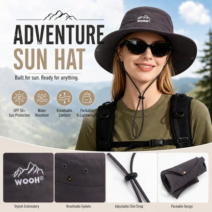 WOOH Sun Hats for Women,UPF80+ Wide Brim Foldable Bucket Hat with Adjustable Chin Strap,Summer Hat for Beach Hiking Gardening - color: Grey
