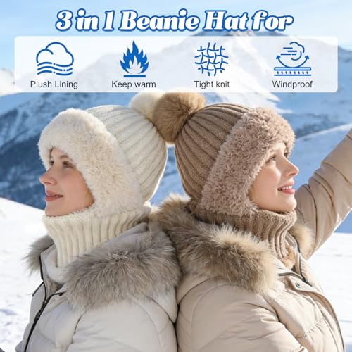 3 in 1 Beanie Hat for Women, Knitted Balaclava Hats,with Scarf and Mask,Face Mask Neck Scarf Set - color: Khaki