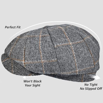 Mens Newsboy Cap High Woolen Tweed Gatsby Hat Ivy Cabbie Flat Golf Cap for Fathers Women Unisex - color: Big Plaid Grey, size: 7-7 1/8