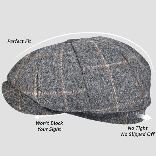 Mens Newsboy Cap High Woolen Tweed Gatsby Hat Ivy Cabbie Flat Golf Cap for Fathers Women Unisex - color: Big Plaid Grey, size: 7 1/2-7 3/4