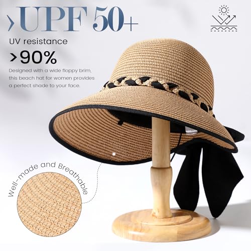 Pleneal Beach Sun Staw Hats for Women, UPF 50+ Foldable Wide Brim Sun Hat - color: Khaki - a