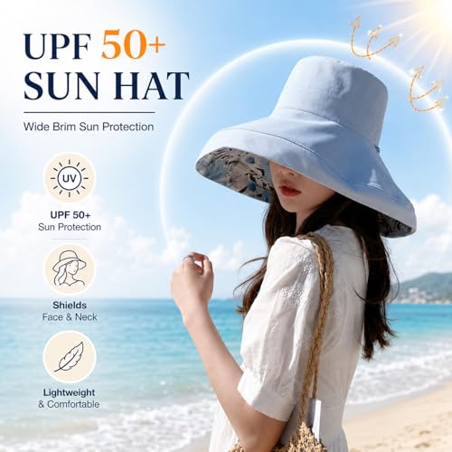 HUAMULAN Wide Brim Women Summer Sun Floppy Hat Reversible Beach Bucket Hat - color: M2320-blue