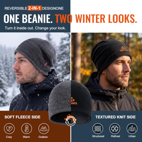2 Pack Fleece Lined Beanie Hat Reversible Knit Skull Cap for Men Women - color: Black+mix Grey