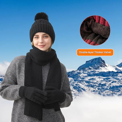 HUAMULAN Women Winter Knit Beanie Hat Circle Scarf Set Pompoms Ear Flaps - color: Black With Scarf and Gloves