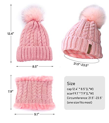 IYEBRAO Womens Winter Knit Beanie Hat and Scarf Set Girls Cute Slouchy Thick Fleece Lined Ski Hat Warm Skull Cap with Pom - color: A8-pink