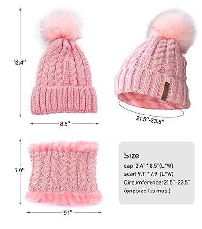 IYEBRAO Womens Winter Knit Beanie Hat and Scarf Set Girls Cute Slouchy Thick Fleece Lined Ski Hat Warm Skull Cap with Pom - color: A8-pink