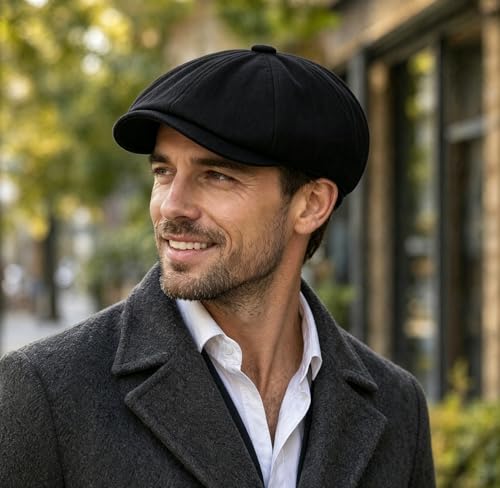 DIYDECAL Mens Newsboy Cap 8 Panel,Cotton Blend Flat Ivy Gatsby Cabbie Golf Hat - color: Black