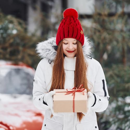 PAGE ONE Womens Winter Ribbed Beanie Crossed Cap Chunky Cable Knit Pompom Soft Warm Hat - color: Red