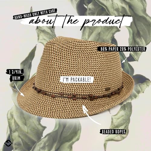 Funky Junque Short Brim Fedora Packable Sun Hat for Women - color: Brown Multi W/ Beaded Ropes