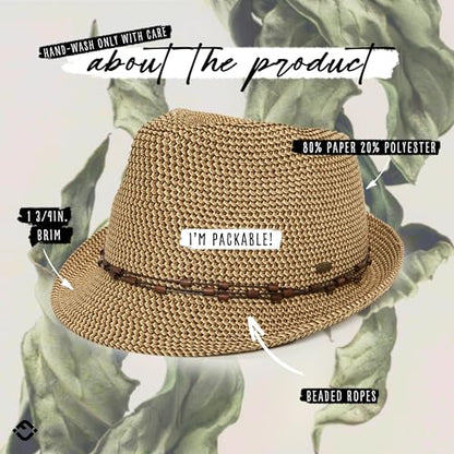 Funky Junque Short Brim Fedora Packable Sun Hat for Women - color: Brown Multi W/ Beaded Ropes