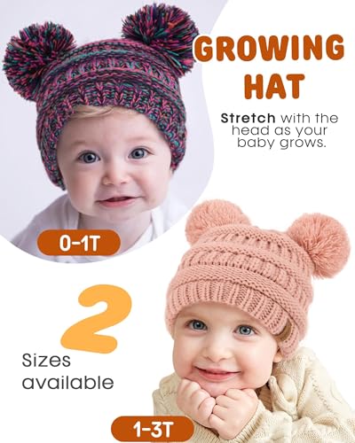 FURTALK Baby Winter Knitted Beanie Hat Soft Warm Pom Poms Toddler Skull Cap - color: White+pink+multicolor, size: 1-3T