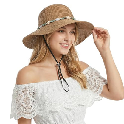 Womens Straw Sun Hat Wide Brim Summer Beach Hat with Beaded Trim Summer Foldable Floppy Hat for Travel Vacation UV Protection - color: Light Brown