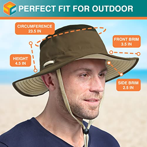 SUN CUBE Wide Brim Sun Hat for Men Women UPF 50+ UV Protection Safari Boonie Hat with Chin Strap, Pocket, Fishing Hiking Hat - color: Olive
