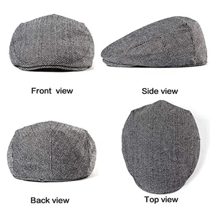 2-Pack Adjustable Newsboy Hats for Men Flat Cap Irish Wool Blend Tweed - color: 001 Black+grey 2pack, size: Large-X-Large