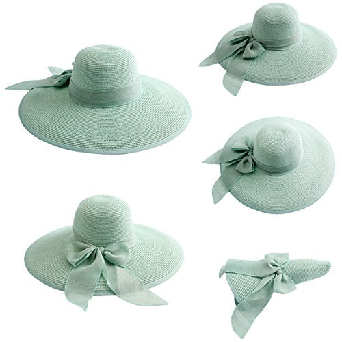 Lanzom Womens 5.7 Inches Big Bowknot Straw Hat Large Floppy Foldable Roll up Beach Cap Sun Hat UPF 50+ - color: Green
