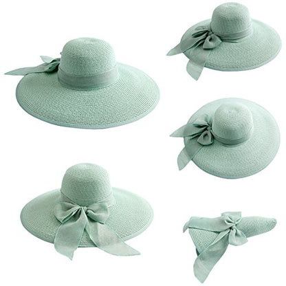 Lanzom Womens 5.7 Inches Big Bowknot Straw Hat Large Floppy Foldable Roll up Beach Cap Sun Hat UPF 50+ - color: Green