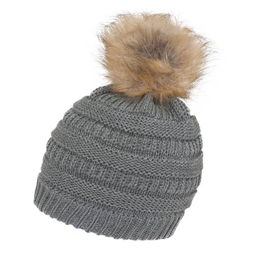 Gravity Threads Cable Knit Faux Fur Pom Pom Beanie Hat - color: Light Melange Grey