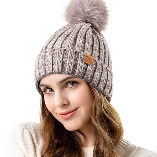 REDESS Womens Winter Knitted Beanie Hat Warm Fleece Lined with Pompom Cap Thick Slouchy Snow Knit Skull Ski Cap - color: Light Grey&white