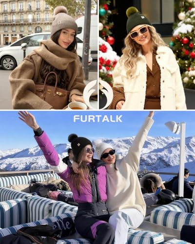 FURTALK Pom Pom Winter Hats for Women Fleece Lined Slouchy Warm Beanie Skull Cap - color: Green