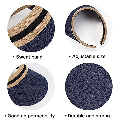 Women Summer Sun Hat Lady's Portable Beach Visor Bowknot Straw Hat - color: Navy