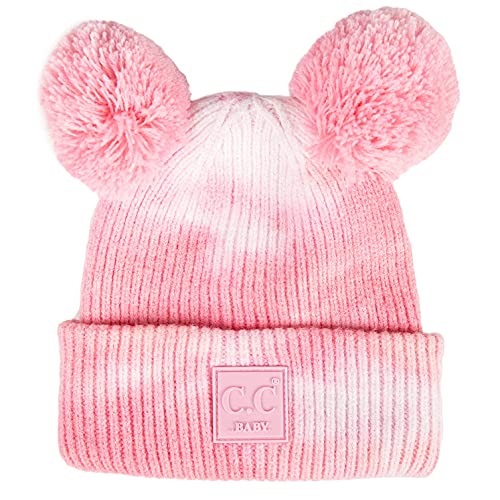Funky Junque Double Pom Pom Baby Beanie – Newborn Girl Winter Hat 0–12 Months, Cute Cozy Knit Infant Beanies for Cold Weather - color: Tie Dye - Baby Pink/White - Double Pom