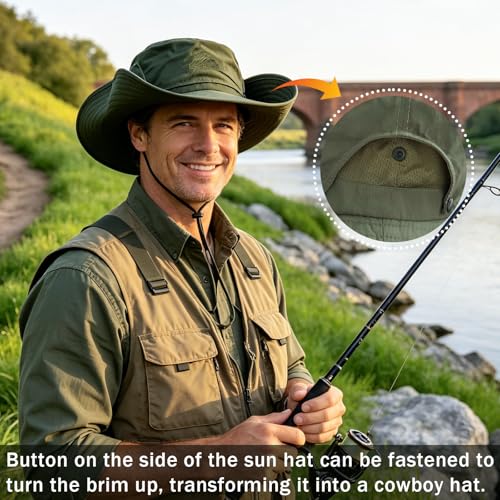 Mens Sun Hat Wide Brim Sun Hats for Men UV Protection Waterproof Bucket Hat - color: Army-green