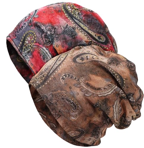 XYIYI Womens Chemo Headwear Hats Cotton Slouchy Beanie Cap Scarf - color: 2pcs Flower Brown Red