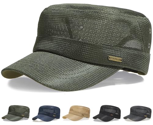 Initlove Cadet Army Cap for Men Women Military Hat Mesh Flat Top Hats for Summer - color: Green