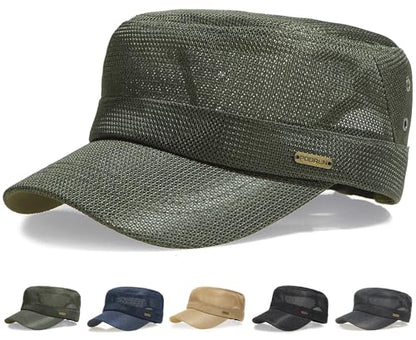 Initlove Cadet Army Cap for Men Women Military Hat Mesh Flat Top Hats for Summer - color: Green