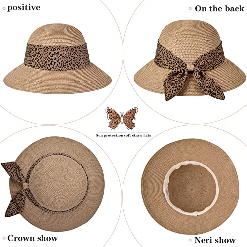 Womens Straw Sun Hat Summer Beach Wide Brim UV Protection Hats with Chin Strap Floppy Foldable Cute Bowknot UPF 50 Cap - color: Leopard Khaki