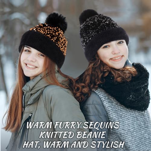 4 Pcs Sequin Pom Pom Beanie Winter - color: Black, Rose Red, White, Gold