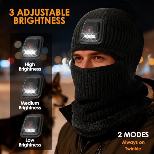 Winter Balaclava Knitted Ski Mask with LED Light - Fleece Lined Full Face Cover Windproof Snow Mask for Skiing, Motorcycling - color: Beige