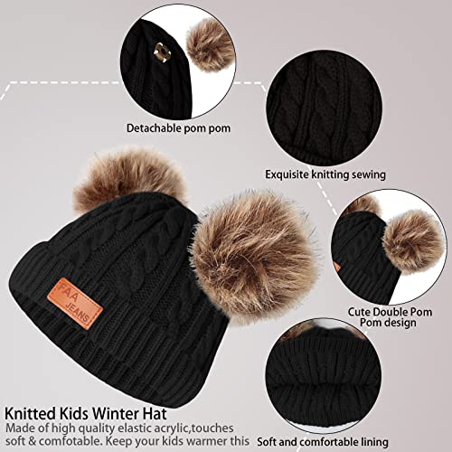 Kids Winter Beanie Hat Scarf Gloves Set,Toddlers Knit Winter Warm Double Pompom Cap Scarf Gloves for Girls Boys 1-5 Years Old - color: Black