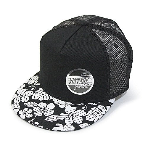 Plain Cotton Twill Flat Brim Mesh Adjustable Snapback Trucker Baseball Cap - color: Flower/Black/Black