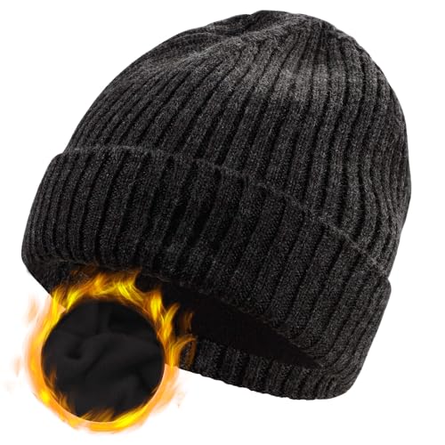 ZTL M/L/XL/XXL Merino Wool Beanie for Men Women, Fleece Lined Large Winter Hat, Big Knitted Cuffed Beanie Ski Skull Cap - color: Charcoal Grey, size: Medium-Large