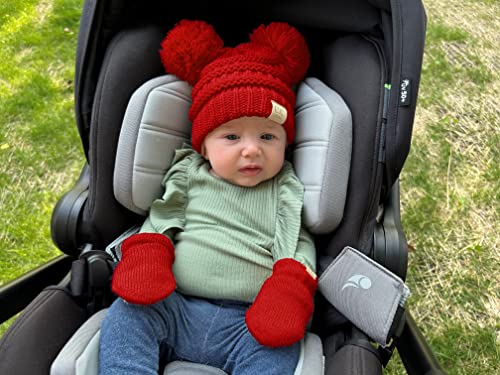 Funky Junque Baby Double Faux Fur Pom Pom Beanie & Mittens Set – Newborn Infant 0–9 Months Winter Hat with Soft Lined Mittens - color: Red (0-9 Months)